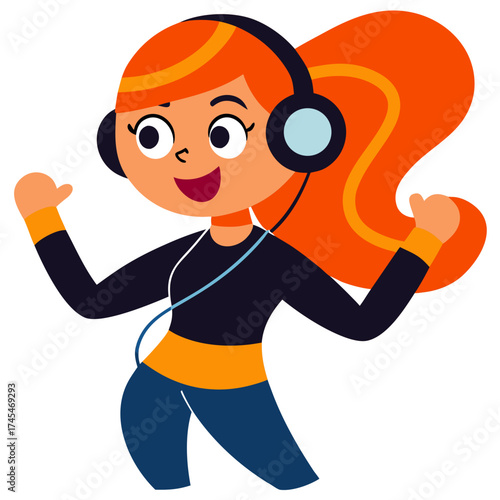 Happy cartoon girl wearing headphones and listening to music