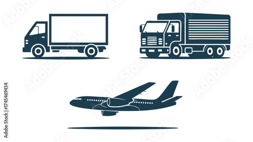 Logistics icons representing freight transport by truck and airplane for shipping and delivery services