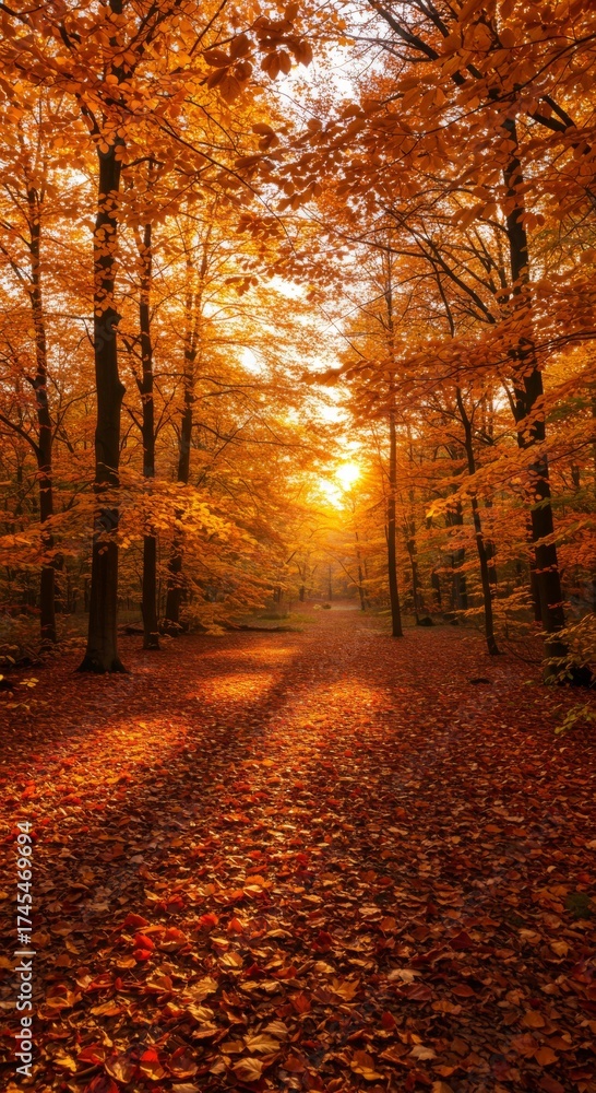 Fototapeta premium Autumnal Forest Path with Golden Leaves and Sunlit Vista in Vertical Composition Scenic Tranquility