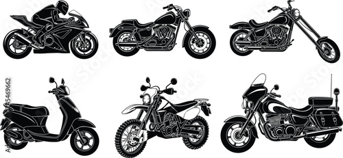 Black and white motorcycle vector illustration, sport bike, cruiser, chopper, scooter, dirt bike, touring motorcycle, motorbike silhouette clipart design