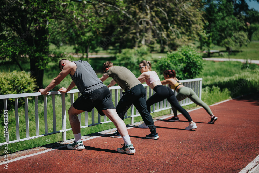 Obraz premium Four friends stretching together outdoors, demonstrating teamwork and focus on physical fitness.