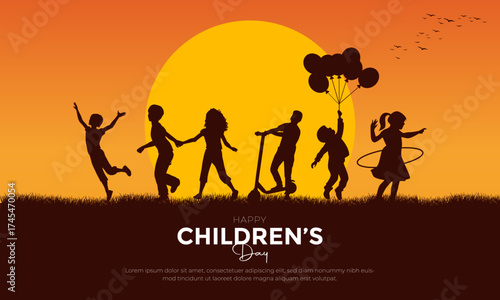 Happy Childern's Day Post and Greeting Card. Modern Childern's Day Background with Text and kids playing Vector Illustration