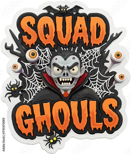 Fun Squad Ghouls Halloween graphic with vampire bats spiders and spooky elements