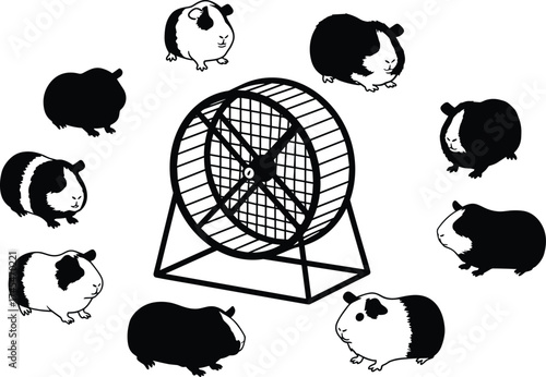 Guinea pigs circle exercise wheel, funny pet illustration, cartoon rodents graphic, blue black stylized artwork, whimsical animal concept, playful design, stock vector drawing