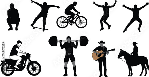 Silhouette people activities, skateboard rider, bicycle cyclist, motorcycle biker, cowboy guitar player, horse rider, weightlifter training, dancer jumping, squatting pose, fitness exercise