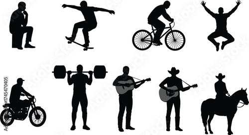 Silhouette people activities, thinking pose, skateboard trick, jumping star shape, cycling rider, weightlifting exercise, guitar playing, motorcycle riding, cowboy musician