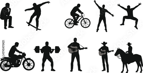 Silhouette people activities, skateboard, bicycle, motorcycle, guitar, cowboy, horse riding, weightlifting, dancing, thinking pose, fitness, music, lifestyle, sports, transportation