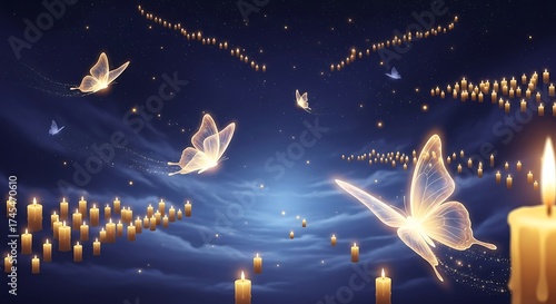 Magical butterflies fly through a night sky illuminated by glowing candles