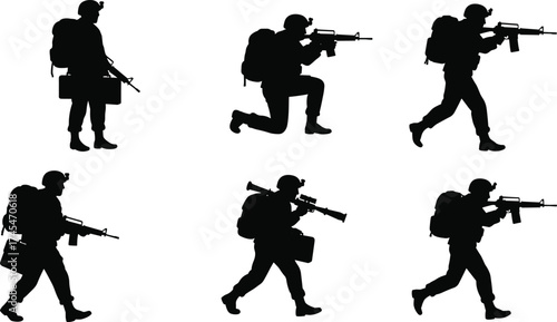 Silhouette soldiers with rifles, military combat poses, tactical army figures, armed forces silhouettes, war action stance, weapon training, battlefield illustration,
