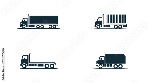 Four diverse truck icons featuring different cargo and chassis styles for logistics and transport