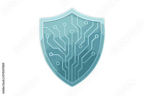 Digital security shield icon with circuit board pattern for cyber protection and technological defense