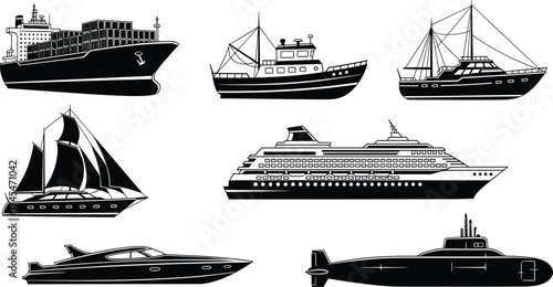 Black and white ship vector illustration, container vessel, fishing boat, luxury yacht, sailboat, cruise ship, speedboat, submarine silhouette clipart