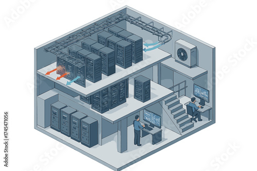 Cross-section of a multi-level data center infrastructure with server racks and cooling system