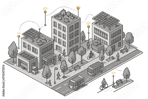Sustainable smart city block with solar panel buildings and autonomous public transport infrastructure