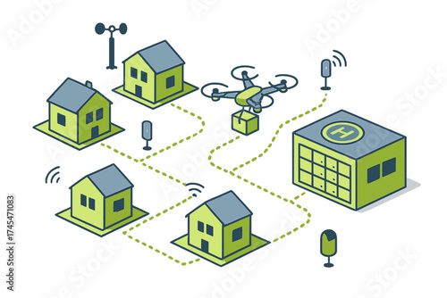 Isometric drone delivery system connecting residential homes and a hospital building in a smart city network