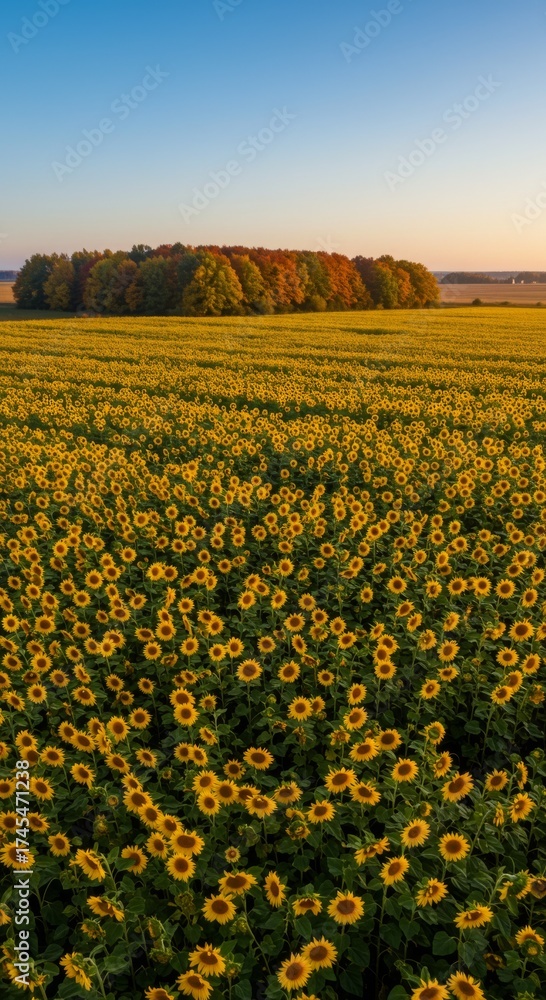 Obraz premium Aerial View of Yellow Sunflower Field Near Green Forest Under Clear Blue Sky
