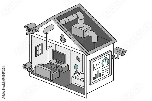 Isometric cross-section of a modern smart house displaying security, climate control, and energy management systems