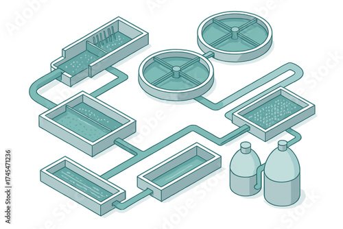 Isometric diagram showing complex stages of a modern industrial water purification and filtration system