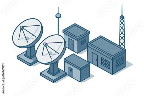 Isometric telecommunication facility with satellite dishes, radio mast, and technical buildings