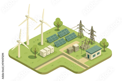 Isometric representation of a sustainable energy grid featuring wind turbines, solar panels, battery storage, and electrical transmission