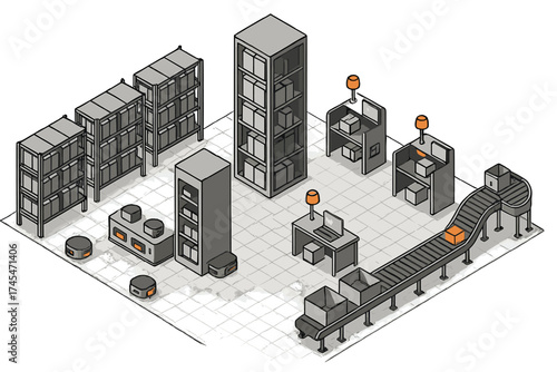 Isometric view of automated warehouse logistics center with robotic sorting and storage