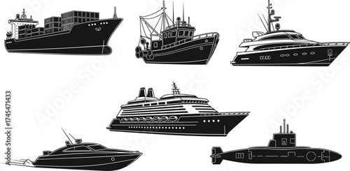 Black and white ship vector illustration, container vessel, fishing trawler, luxury yacht, speedboat, cruise ship, submarine silhouette clipart