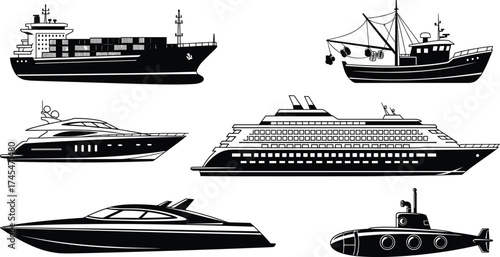 Black and white ship vector illustration, container vessel, fishing trawler, luxury yacht, cruise ship, speedboat, submarine silhouette, marine clipart