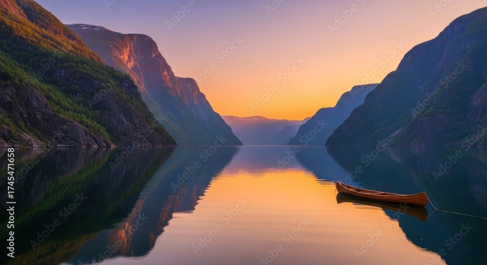 Fototapeta premium A serene lake with a canoe and mountains in the background at sunset.
