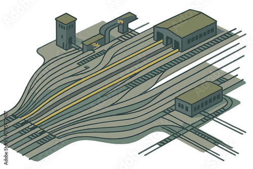 Complex railway switching yard layout with multiple converging tracks, maintenance buildings, and a signal control tower