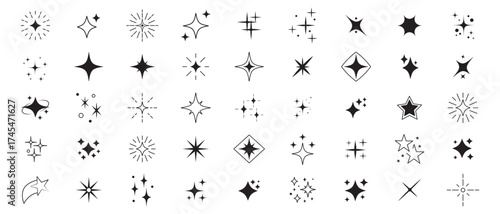 Set of original star sparkle shapes. Abstract shine effect vector sign. Retro futuristic bright vector icons collection. Glowing light effect, twinkle templates stars and bursts, shiny flash.