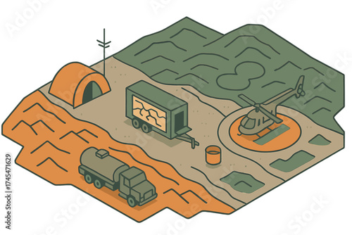 Remote exploration base camp setup with helicopter, tanker truck, and mobile research trailer in isometric view