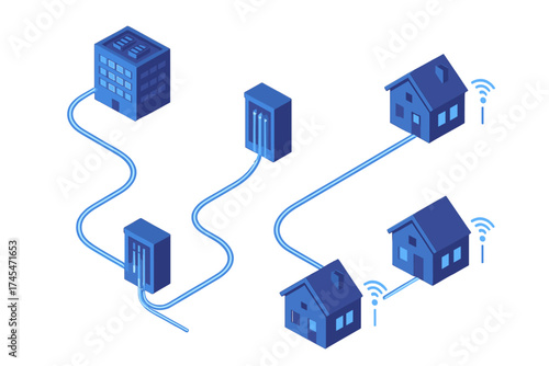 Isometric fiber optic network diagram connecting urban office building to suburban homes