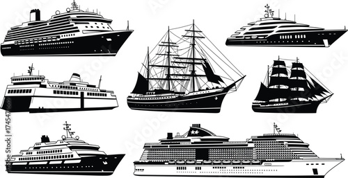 Black and white ship vector illustration, cruise ship, luxury yacht, passenger ferry, sailing ship, ocean liner, modern yacht, maritime silhouette clipart