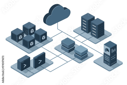 Isometric cloud network architecture showing servers, databases, and data storage modules