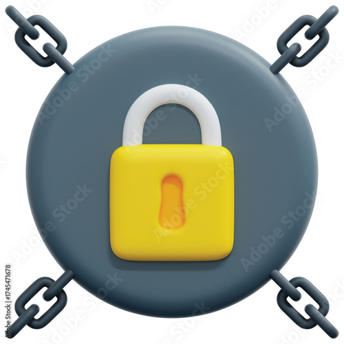A 3D rendering of a yellow padlock on a gray circle, secured with four chains.
