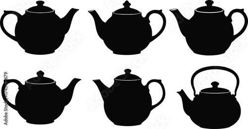Black teapot silhouettes collection, traditional and modern kettle designs, vintage tea pot icons, kitchen utensil vector set, ceramic teaware shapes, isolated graphic illustration