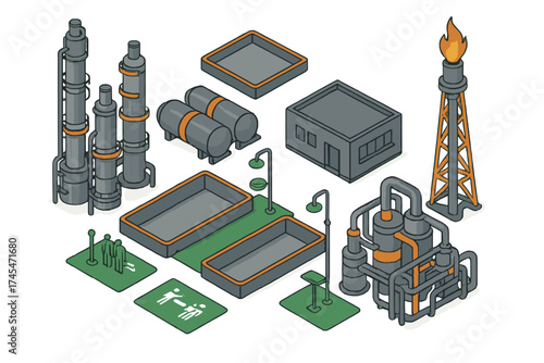 Isometric refinery and chemical plant components: distillation towers, storage tanks, and flare stack