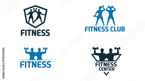 Dynamic fitness logos featuring athletic silhouettes and weights for gyms and clubs
