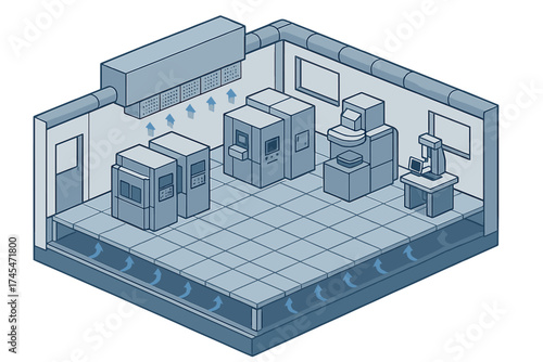 Isometric view of a modern cleanroom facility featuring industrial equipment and controlled airflow system