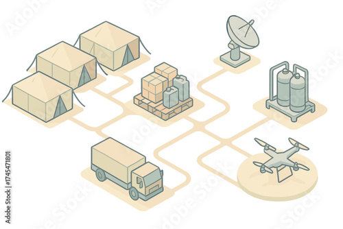 Isometric logistics network connecting field tents, supply cargo, delivery truck, and drone technology