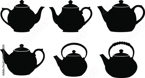 Silhouette teapot collection, traditional kettle shapes, vintage tea pot icons, black outline design, kitchen utensil illustration, ceramic teaware graphic, minimalist retro tea kettle art