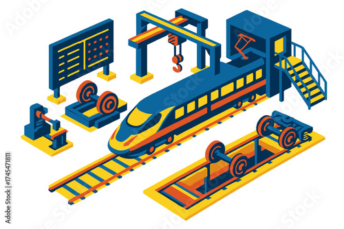 Isometric high-speed train maintenance facility with industrial equipment