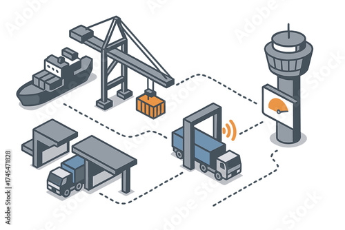 Isometric diagram of smart port logistics and automated global shipping processes