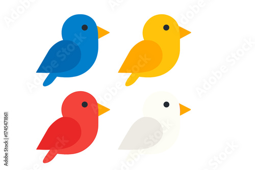 Set of four colorful stylized birds in blue yellow red and white isolated on white
