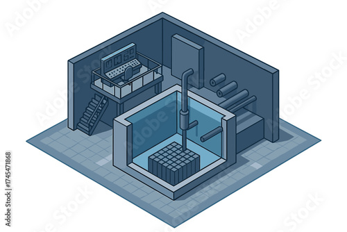Isometric view of a nuclear reactor core submerged in a cooling pool with an elevated control station