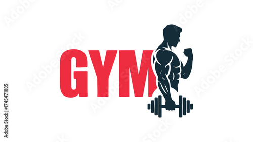 Dynamic gym logo silhouette of muscular man lifting dumbbell with bold red gym text