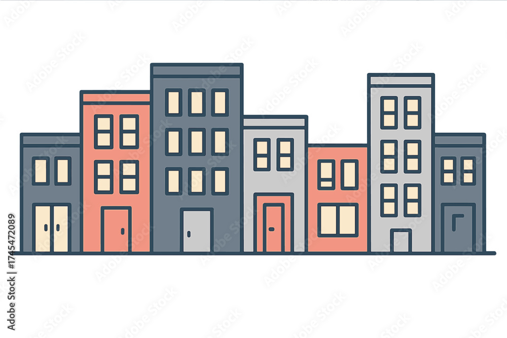 Naklejka premium Colorful urban buildings in a row featuring modern flat design city architecture