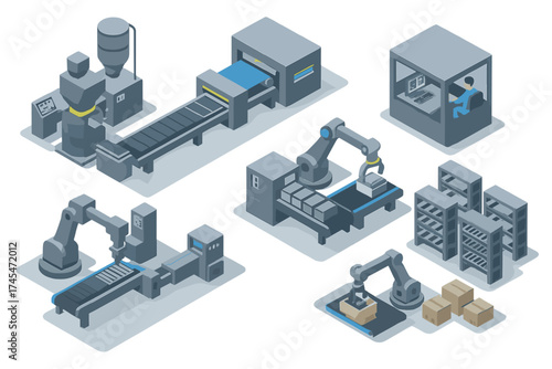 Modular isometric factory automation components with robotic arms and conveyor belt systems