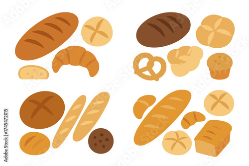 Assortment of fresh baked goods including bread rolls croissants and pretzels