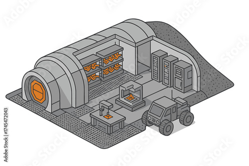 Futuristic subterranean base interior with manufacturing equipment storage and exploration vehicle